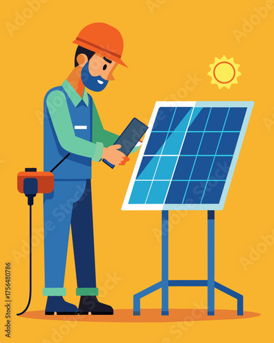 A technician using a specialized tool to test the efficiency of individual solar panels and make necessary repairs.. Vector illustration