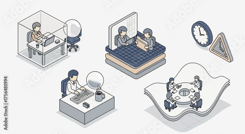 Isometric illustration of business people working in office, concept of social distancing and new normal lifestyle