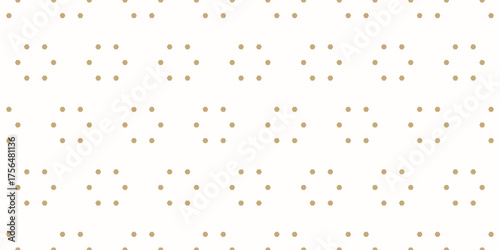 Minimalist vector seamless pattern with small golden dots, hexagonal shapes. Subtle abstract geometric background. Simple gold and white floral texture. Luxury minimal ornament. Repeating geo design