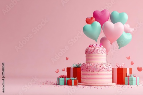 Festive birthday celebration with pink cake heart balloons and gift boxes on a soft pink background
