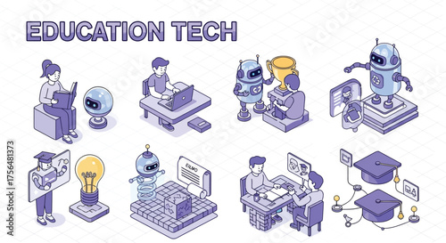 Isometric education technology concept with students, robots, computers, and graduation caps vector illustration