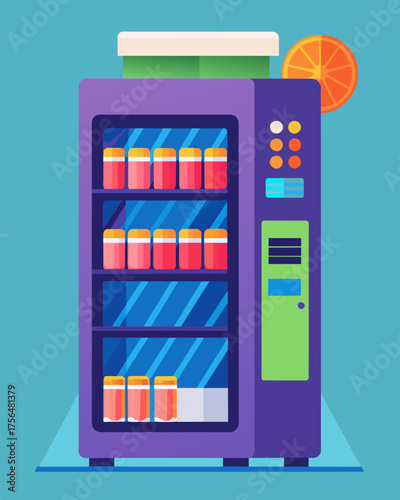 A sleek modern vending machine powered by the suns rays and offering a variety of snacks and drinks.. Vector illustration