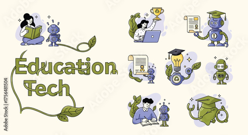 Education technology concept with robot and human learning, graduation, and recycling vector illustration