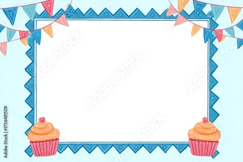 Festive square frame with colorful bunting and cupcakes for birthday celebrations and party invitations