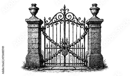 Halloween Cemetery Gate with Chains – Gothic Vintage Engraving Illustration, Black and White Vector on Transparent Background