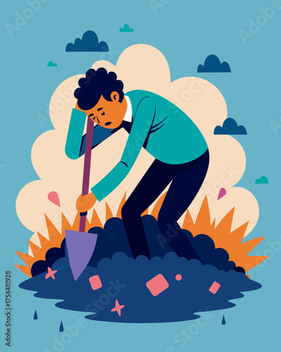 A person trying to dig themselves out from a heap of harsh words but the more they try the deeper they sink.. Vector illustration