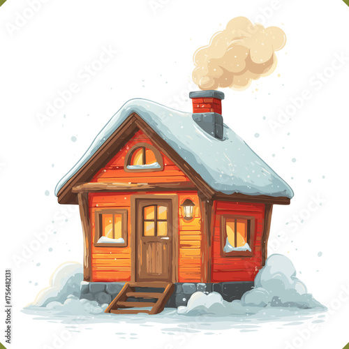 Vector illustration of a cozy wooden house in winter with snow, trees and smoke from chimney, isolated on a white background