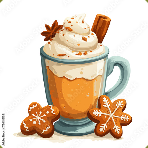 Vector illustration of festive glass of eggnog with whipped cream, cinnamon stick and gingerbread cookies isolated on a white background. Vector illustration of winter beverage on white background