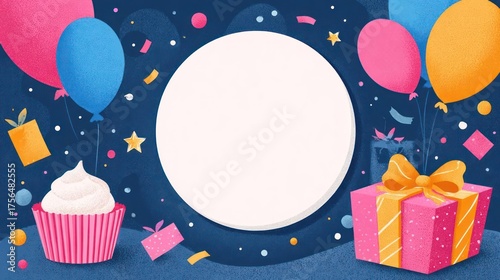 Festive birthday celebration with colorful balloons gift box cupcake and confetti on a dark blue background