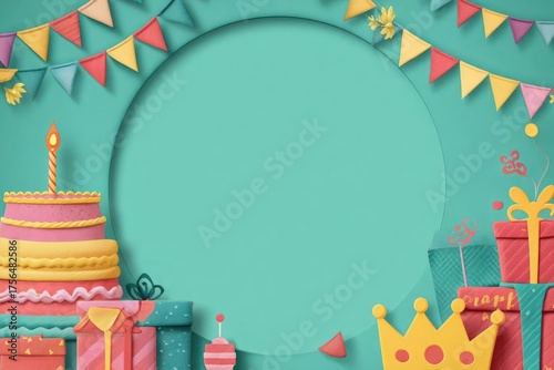 Festive birthday celebration with cake gifts and bunting creating a whimsical oval frame for your text