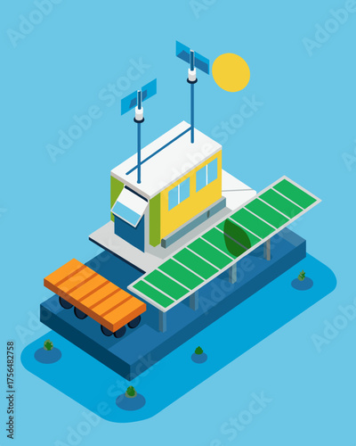 A solarpowered desalination barge providing clean drinking water for workers on offshore oil rigs.. Vector illustration