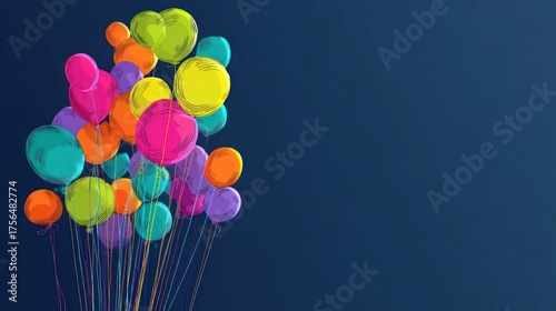 Vibrant cluster of colorful heart shaped balloons floating upwards with confetti against a dark blue background