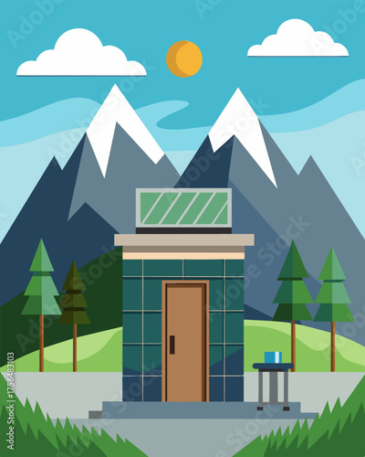 A solarpowered public restroom in a mountain resort designed to blend in with the natural landscape and equipped with a composting system for even more sustainable use.. Vector illustration