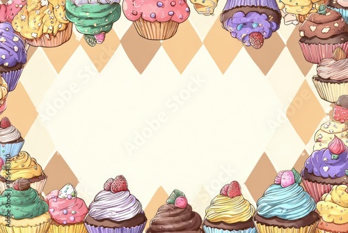 Whimsical border of colorful frosted cupcakes with sprinkles surrounding a creamy diamond shaped center space