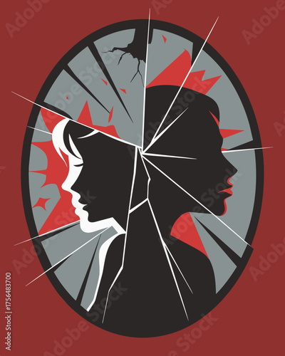 A shattered mirror reflecting a distorted image of a person surrounded by the words crazy and unstable representing the gaslighters attempts to undermine their victims mental. Vector illustration