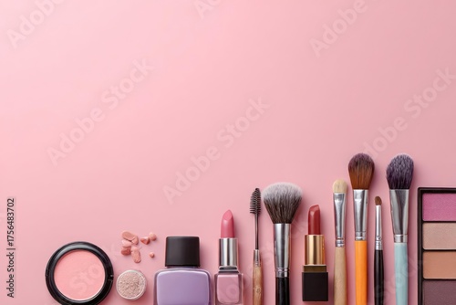 A collection of makeup products including brushes lipstick eyeshadow and nail polish laid out on a pink background