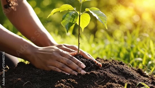 Close-up of hands gently planting a young green tree seedling into fertile soil under warm sunlight. Concept of eco-friendly living, sustainability, environmental conservation, and growt.