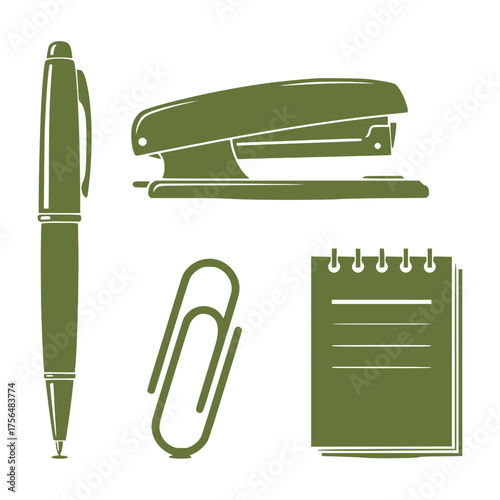 A collection of isolated green office supply icons, featuring a pen, stapler, paperclip, and notepad