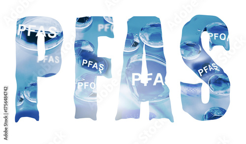 PFAS text with water drops isolated on white -- Forever Chemicals and water contamination concept