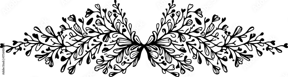 Fototapeta premium Elegant hand drawn floral flourish with delicate leaves and buds, perfect for wedding invitations and decorative borders