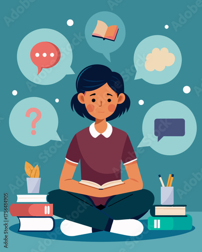 A student sitting in the back of a classroom feeling isolated and attacked by speech bubbles filled with gossip and rumors.. Vector illustration