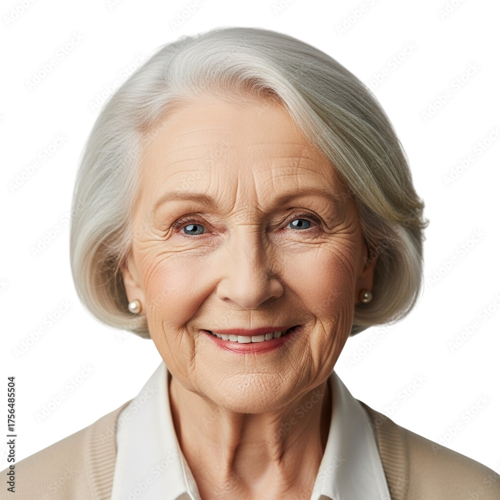 Fototapeta premium Senior Woman Smiling Warmly with Kind Expression Isolated on White or Transparent Background, PNG