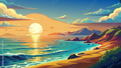 Very beautiful vast tranquil ocean stretching to a hazy horizon, sun-kissed waves gently lapping the shore beneath soft golden light, evoking peace and serene coastal beauty in nature.