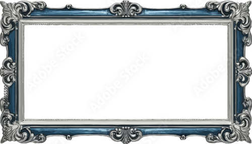 Ornate silver and blue picture frame with empty space for artwork  