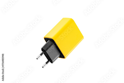 adapter for charger with USB and Type C connector, yellow, on isolated or white background close-up