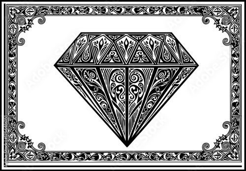 Canvastavla Exquisite ornate diamond gemstone emblem with intricate scrollwork border, symbolizing luxury, value, and precious rarity for elegant branding