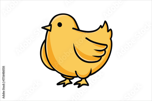 Cute cartoon yellow chick standing and looking forward with simple outline and white background