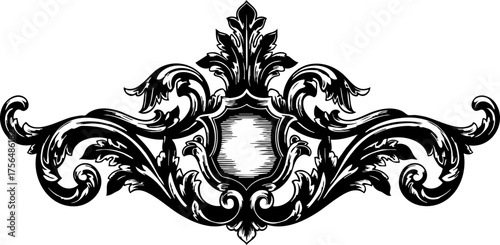 Elegant baroque flourish with ornate shield creates a timeless decorative accent for sophisticated designs and premium branding projects