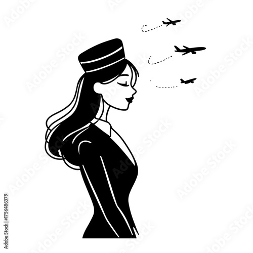 Flight Attendant. Flight Attendant simple black and white line art vector logo