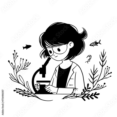 Marine Biologist. Marine Biologist simple black and white line art vector logo
