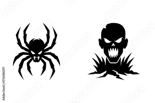 Set of two aggressive Halloween silhouettes: a fierce spider with fangs and a menacing zombie head emerging from cracked ground, conveying horror, scary themes, and spooky holiday graphics