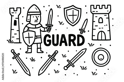 Medieval Guard Doodle. Doodle medieval guard with shields, swords, and towers, center word “Guard” in black and white isolated