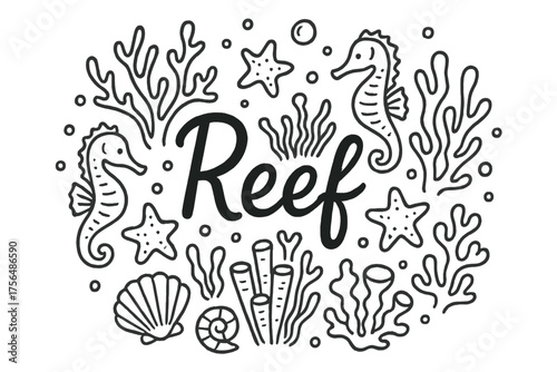 Doodle Reef Wonders. Doodle coral reef with starfish, seahorses, and shells, center word “Reef” in black and white isolated