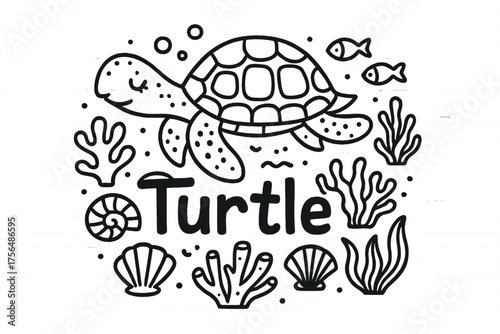 Doodle Turtle and Corals. Doodle sea turtle swim with corals, shells, and fish, center word “Turtle” in black and white isolated