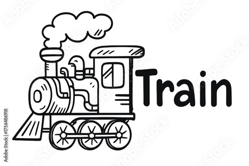 Doodle Steam Train. Doodle steam train with pipes, wheels, and smoke, center word “Train” in black and white isolated transparent