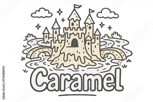 Caramel Castle Doodle. Doodle caramel castle with rivers, bridges, and towers, center word “Caramel” in black and white isolated