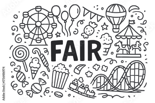 Candy Fairground Doodle. Doodle candy fairground with rides, balloons, and sweets, center word “Fair” in black and white isolated