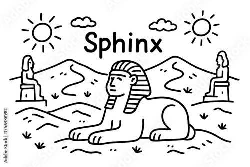 Sphinx Desert Doodle. Doodle sphinx desert with sand dunes, suns, and statues, center word “Sphinx” in black and white isolated