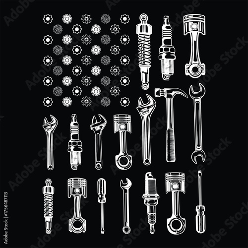 Patriotic mechanic American flag made from automotive tools. USA t-shirt design with wrench, piston, and gears.