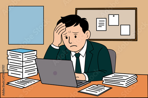 Vector of a man with a headache holding his head because of a lot of office work