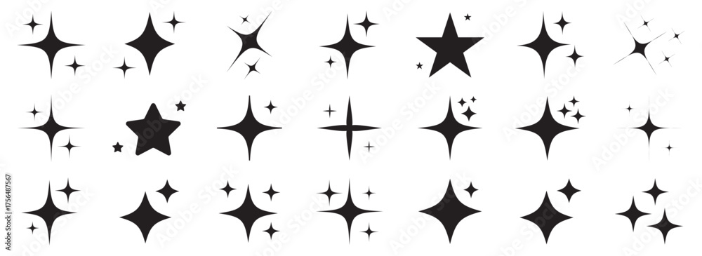 Naklejka premium Sparkle star icon set. Sparkle, stars or shine icon set vector collection of different stars in black color. Shine icon. AI generated star icons collection. Artificial Intelligence sparkle symbol. 