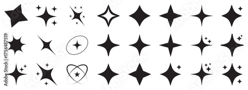  Sparkle star icon set. Sparkle, stars or shine icon set vector collection of different stars in black color. Shine icon. AI generated star icons collection. Artificial Intelligence sparkle symbol. 