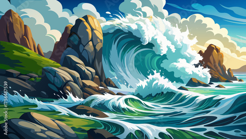 Very beautiful powerful ocean waves crashing against rocky shorelines, white spray and foam rising dramatically, revealing the raw texture and natural strength of the sea’s untamed motion.