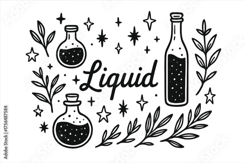 Sparkling Liquid Art. Hand-drawn sparkling liquids with bottles, stars, and plants, center word “Liquid” in black and white