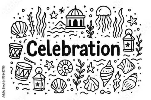 Atlantis Celebration Doodle. Doodle atlantis celebration with shells, drums, and lanterns, center word “Celebration” in black and