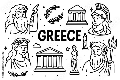 Greek Gods Doodle. Doodle greek gods with temples, laurel crowns, and statues, center word “Greece” in black and white isolated